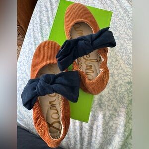 Sam Edelman Corduroy Flats with Navy Bow - Brown